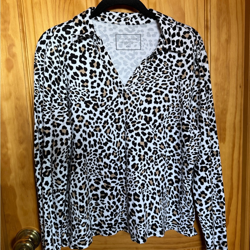 Charter Club brown and Black Animal Print V neck with Collar 💯 Cotton Top